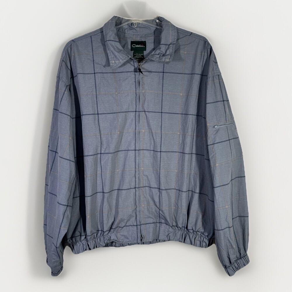 Vintage Catalina Windbreaker Jacket Mens XL Blue Plaid Golf Zip Up Track Coats